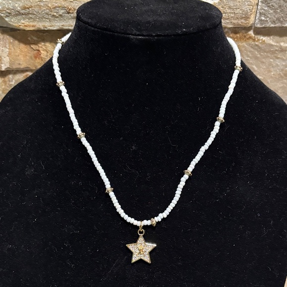 White Beaded Necklace with Gold LV Star Pendant